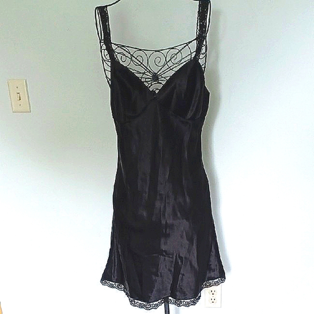 Scintilla Vintage Elegant Silky Black Lace Trim Slip Dress - 10